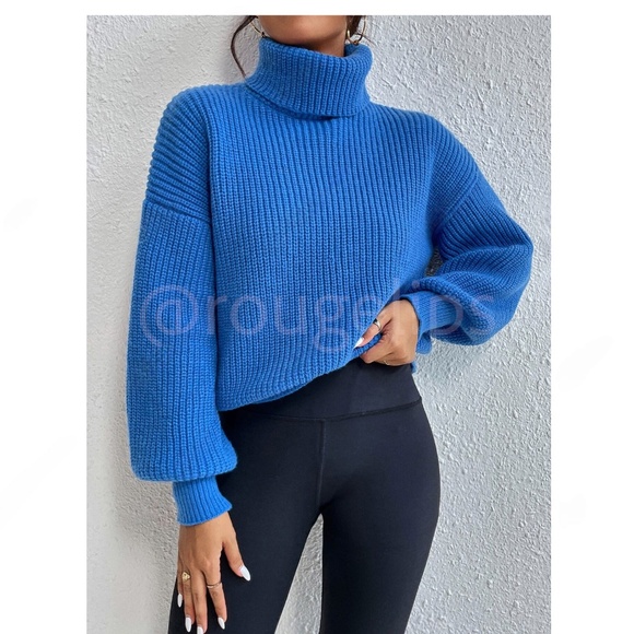 Blue Turtleneck Knit Pullover Sweater Long Sleeve - Picture 5 of 16